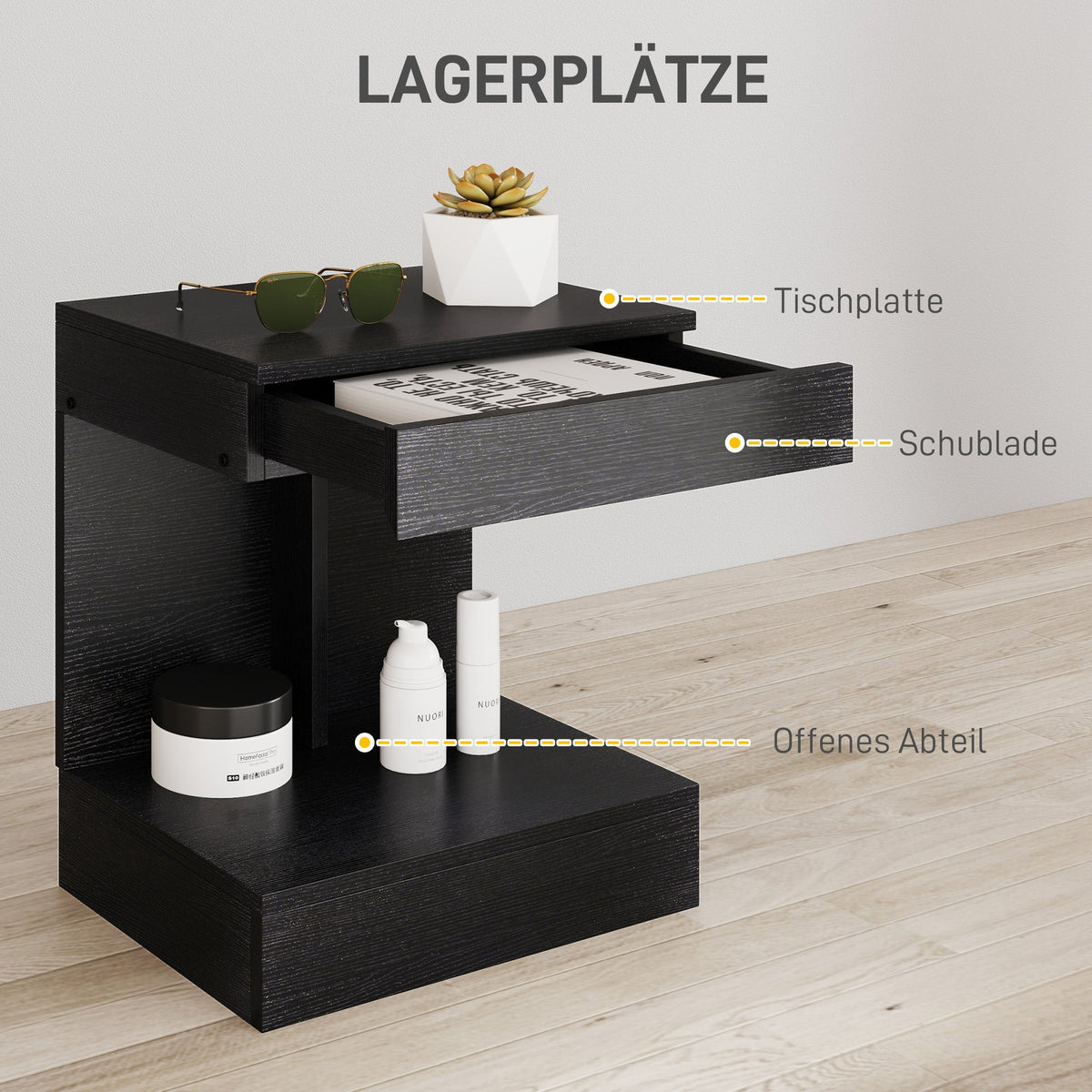 Bedside Table with Drawers, Shelf, 40 x 30 x 46 cm, Black