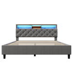 Upholstered Double Bed, Storage Headboard LED Lighting Wooden Frame 140x200cm, Grey