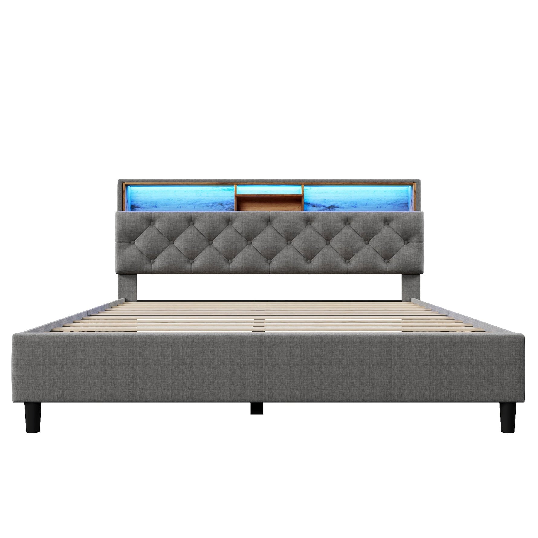 Upholstered Double Bed, Storage Headboard LED Lighting Wooden Frame 140x200cm, Grey