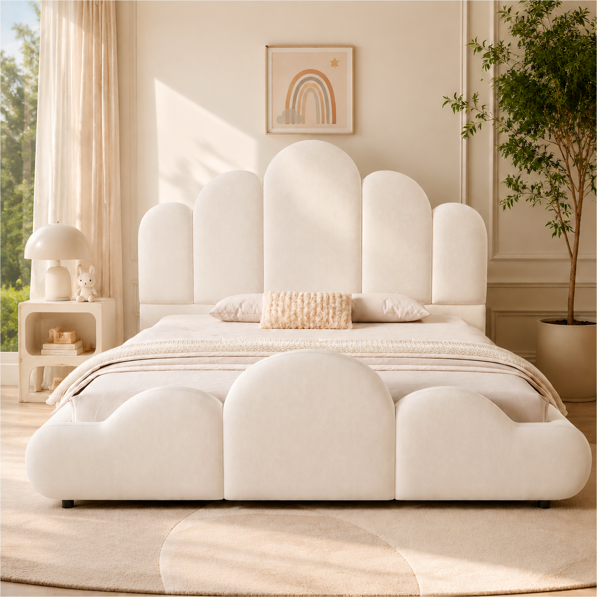 Upholstered Kids Bed 140x200cm with Headboard in Beige Velvet