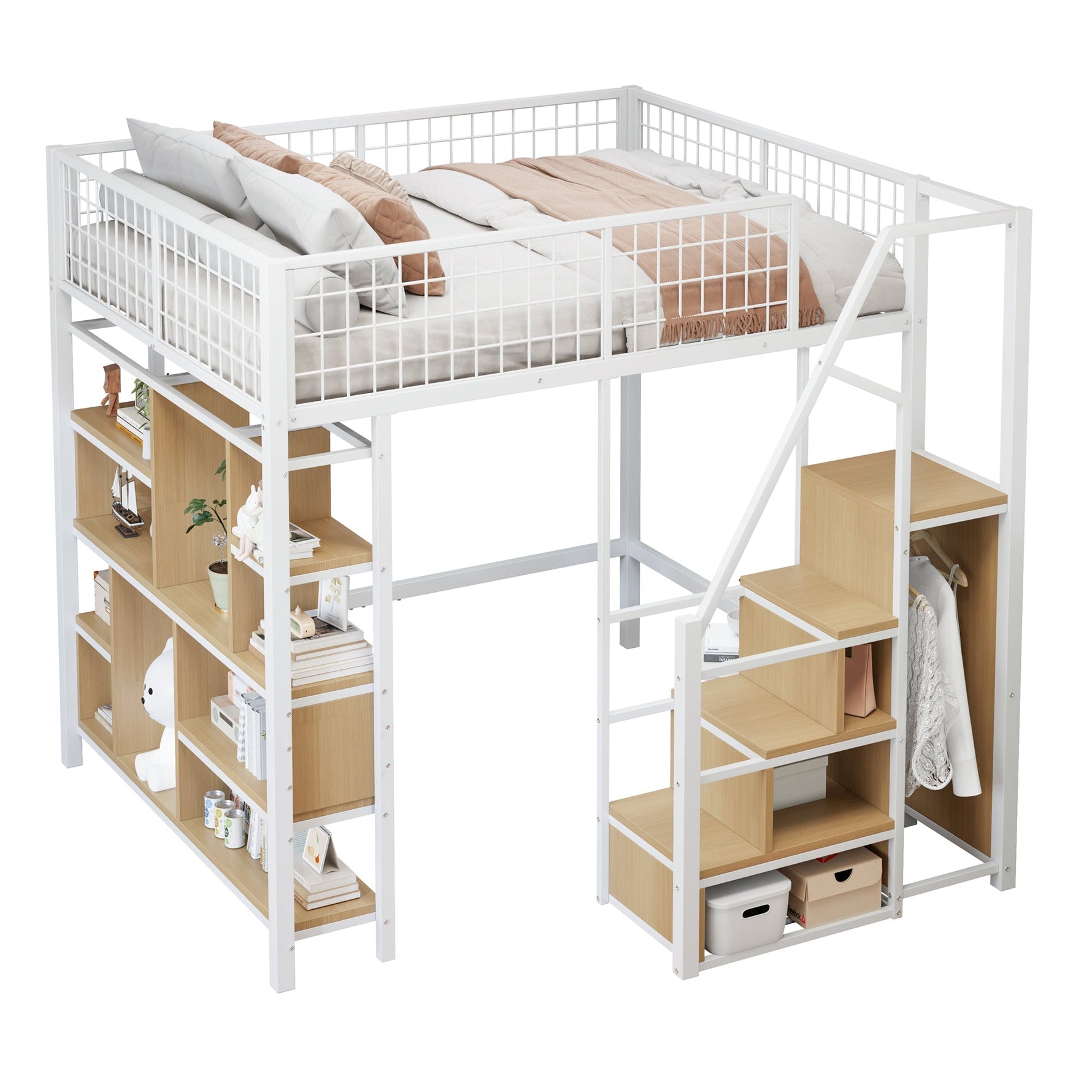Multifunctional Loft Bed 140x200cm Storage Shelves Stairs Adults/Kids Metal White