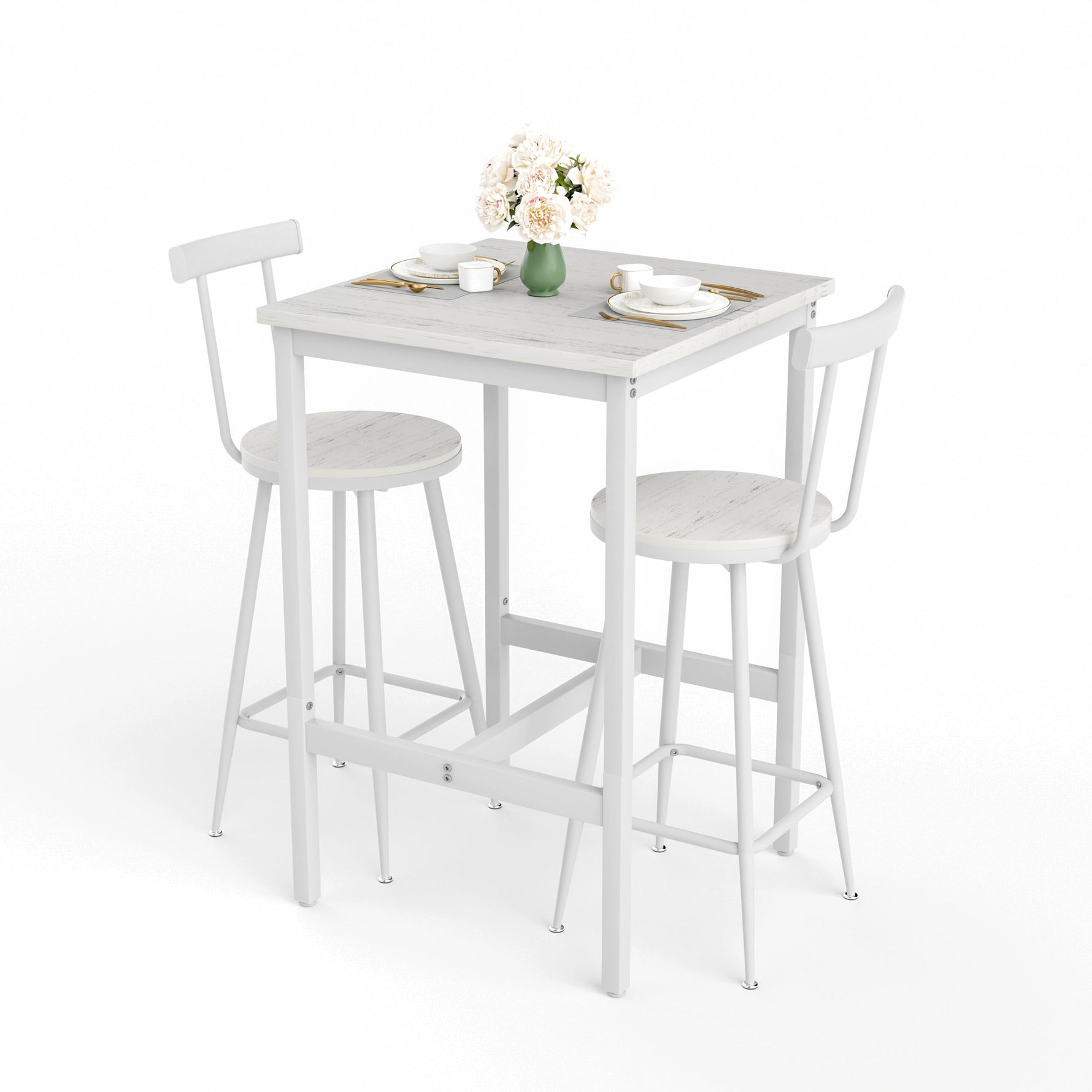 Bar Table and 2 Stools Set Industrial Style Metal Frame - White