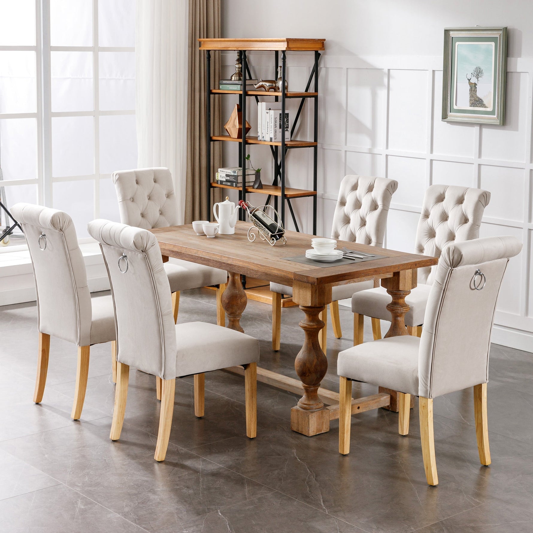 Velvet Dining Chairs Set of 4 with Oak Legs and Chrome Knocker Beige