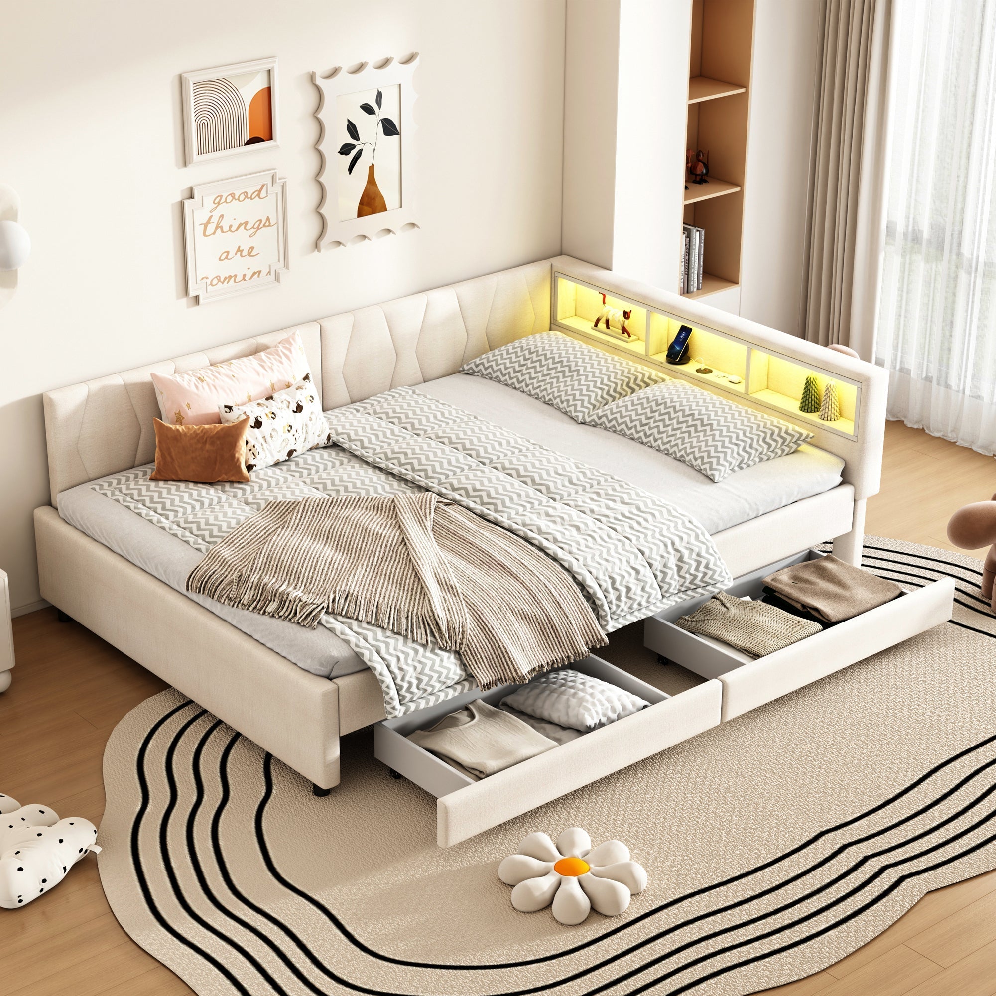 Daybed Sofa Bed 140x200cm Storage USB/Type-C LED 2 Drawers - Linen Beige