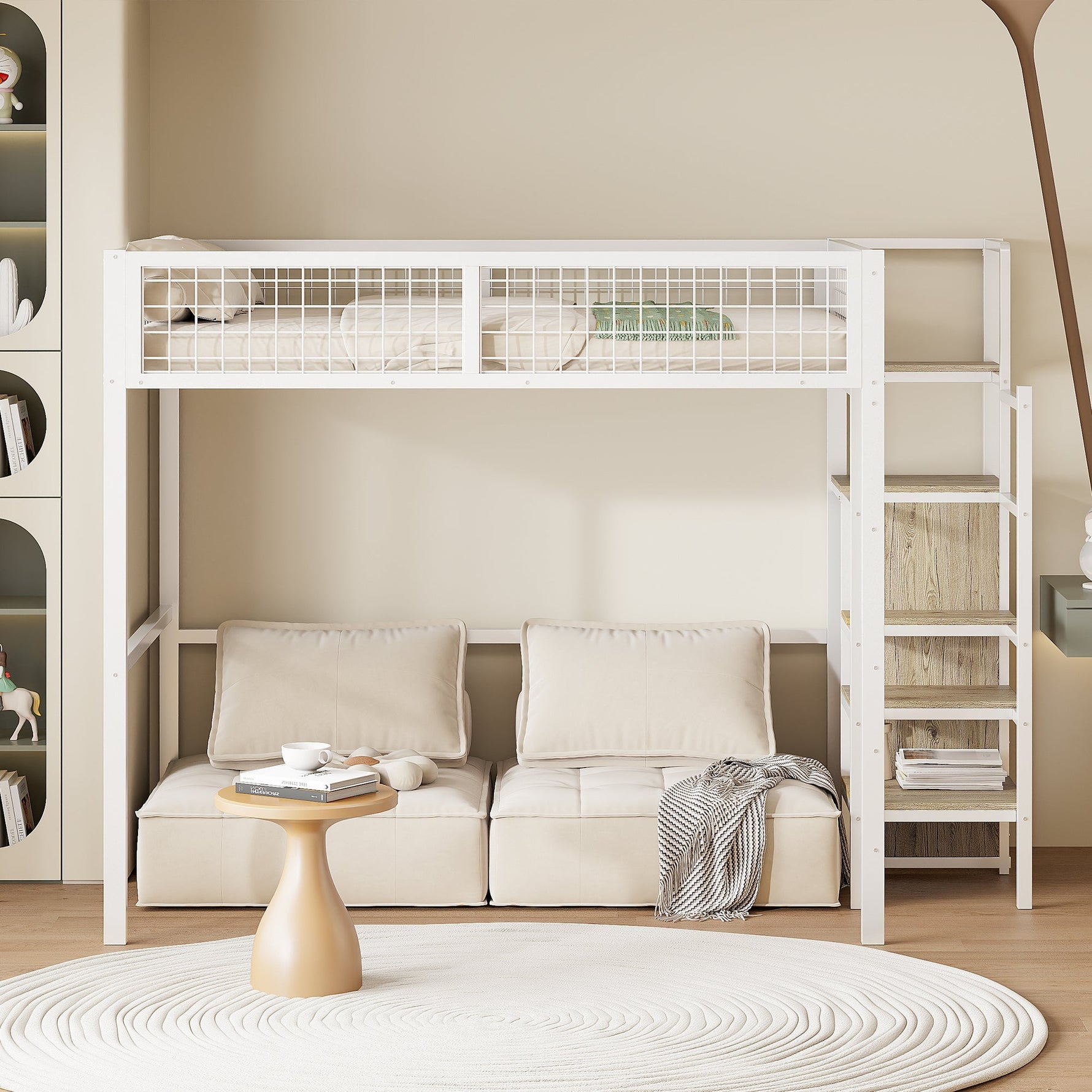 Loft Bed with Integrated Wardrobe and Safety Ladder, Black and White MDF and Metal