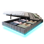 Upholstered Bed 180x200cm Hydraulic Storage LED Light Floating Frame, Linen Grey