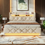 Upholstered Double Bed 160x200, Storage Headboard with USB/Type C & 360 LED, Hydraulic Lift, Beige Linen