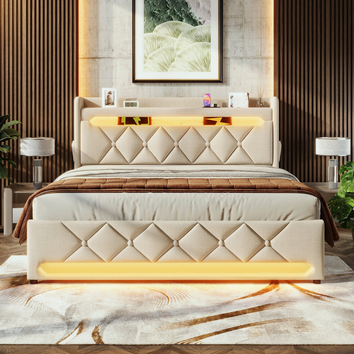 Upholstered Double Bed 160x200, Storage Headboard with USB/Type C & 360 LED, Hydraulic Lift, Beige Linen
