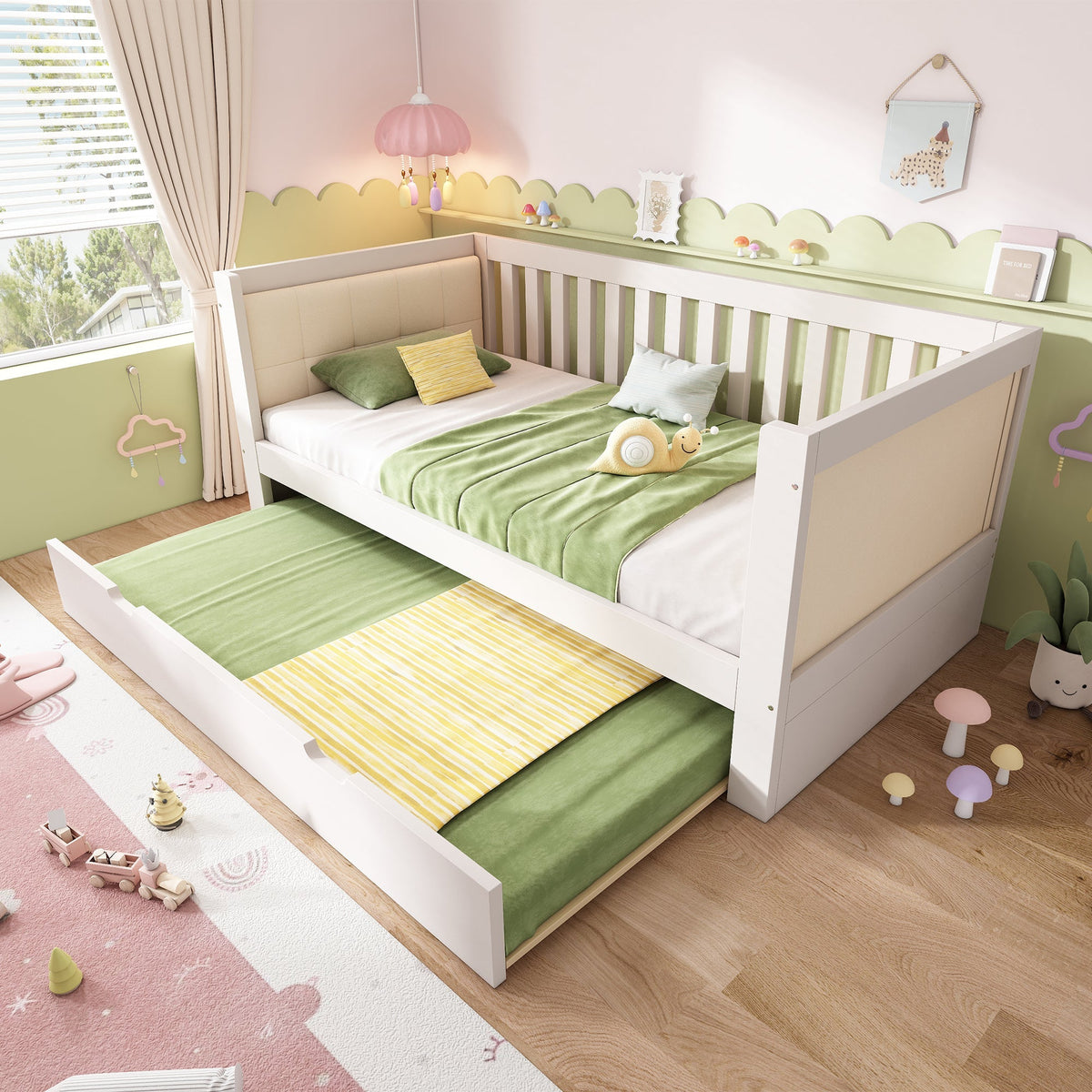 Daybed with Pull-out Bed, 90x190cm Space-Saving Design with Slatted Base, White Wood