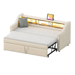 Upholstered Extendable Sofa Bed 90/180x190cm Storage LED USB - Beige