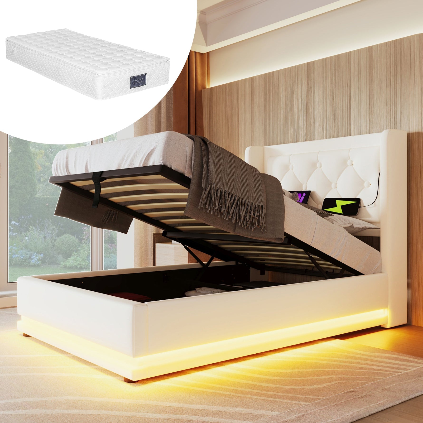 Upholstered Single Bed, Hydraulic Storage with USB & LED, White PU