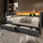 Upholstered Daybed with LED, USB-C and 2 Drawers, 140x190cm, Grey Linen