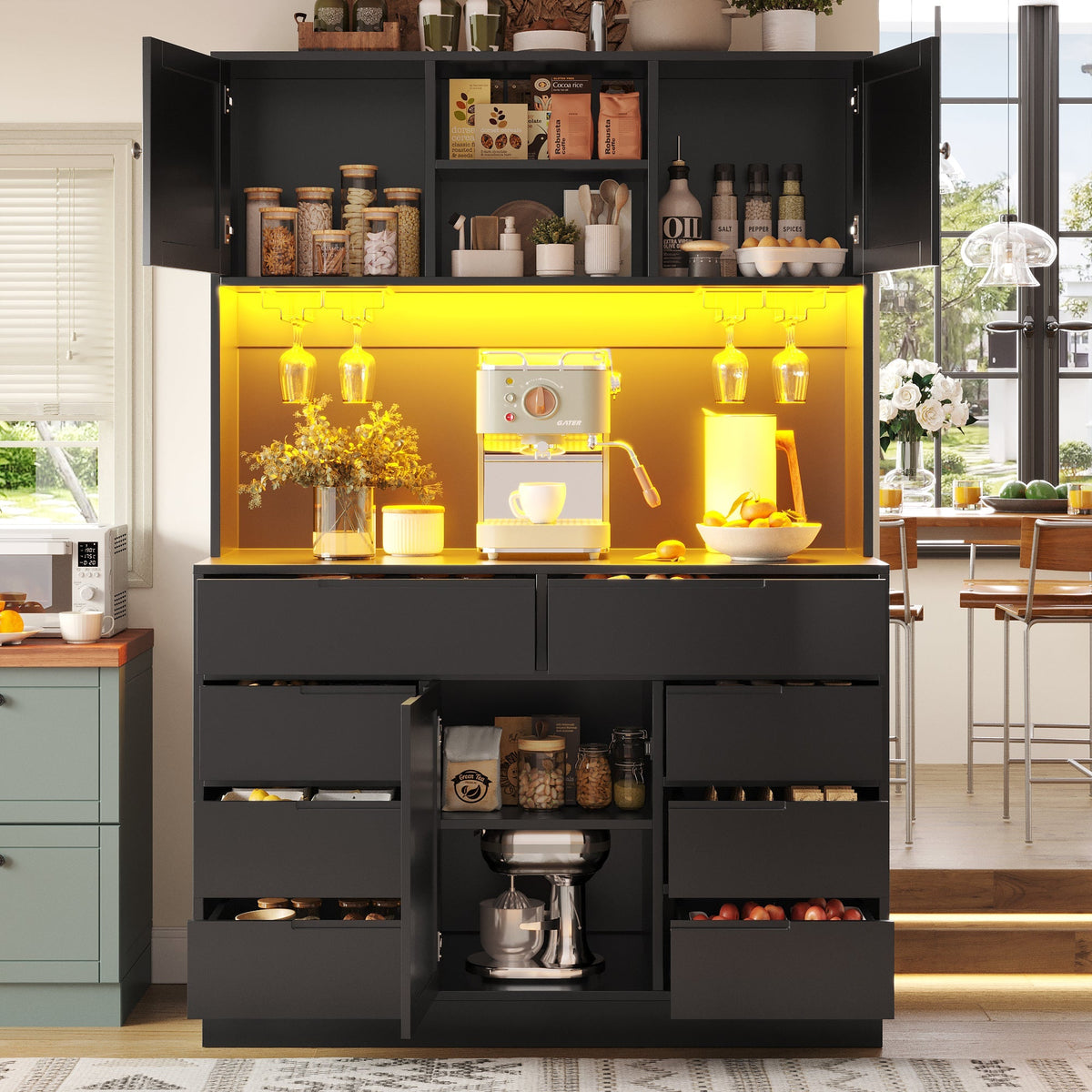 Tall Cabinet 120x40x183.5cm Smart LED Lighting 8 Drawers Adjustable Shelves Black