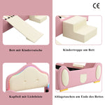 Crown Cartoon Bed Upholstered Children's Slide Stairs LED 90x200cm PU Pink + Beige