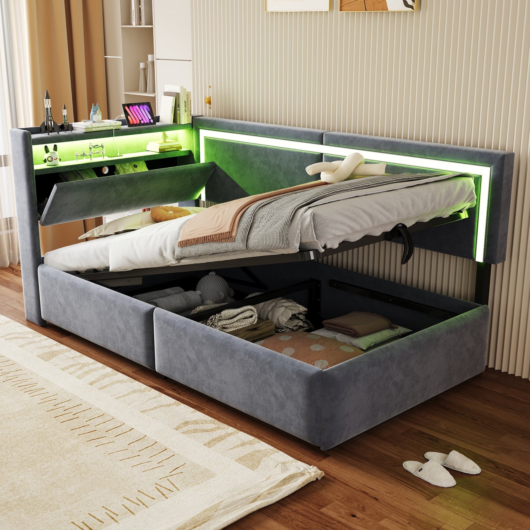 Upholstered Sofa Bed 90x200 cm with LED Lighting, USB Ports and Hydraulic Storage, Dark Grey Velvet