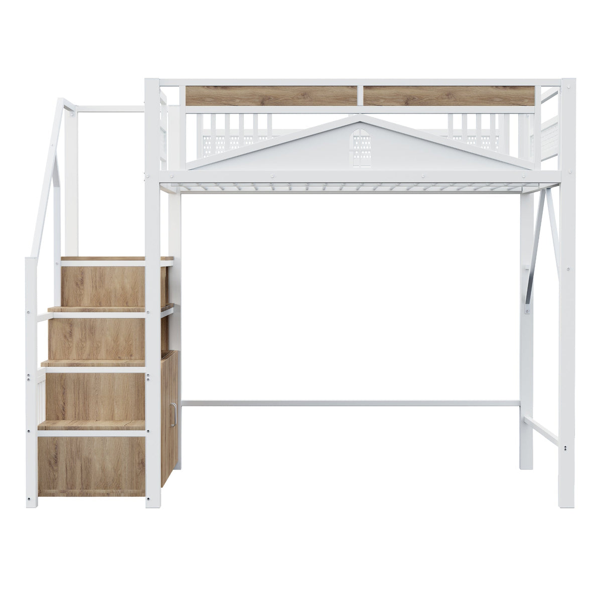 Metal Loft Bed 140x200cm Safety Enclosure with Window & Ladder Locker, White