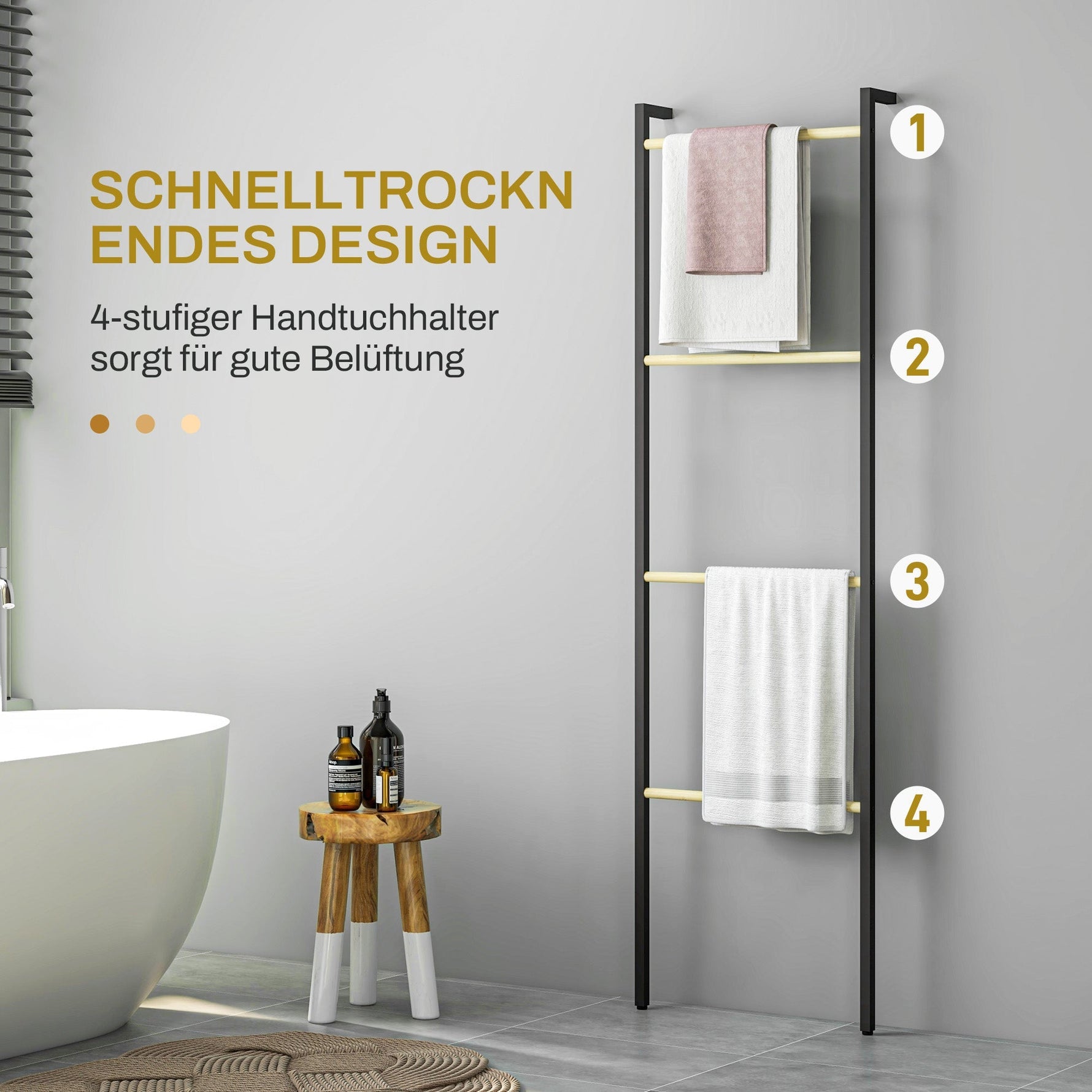Towel Ladder, 4 Bars, Space Saving, Steel Black