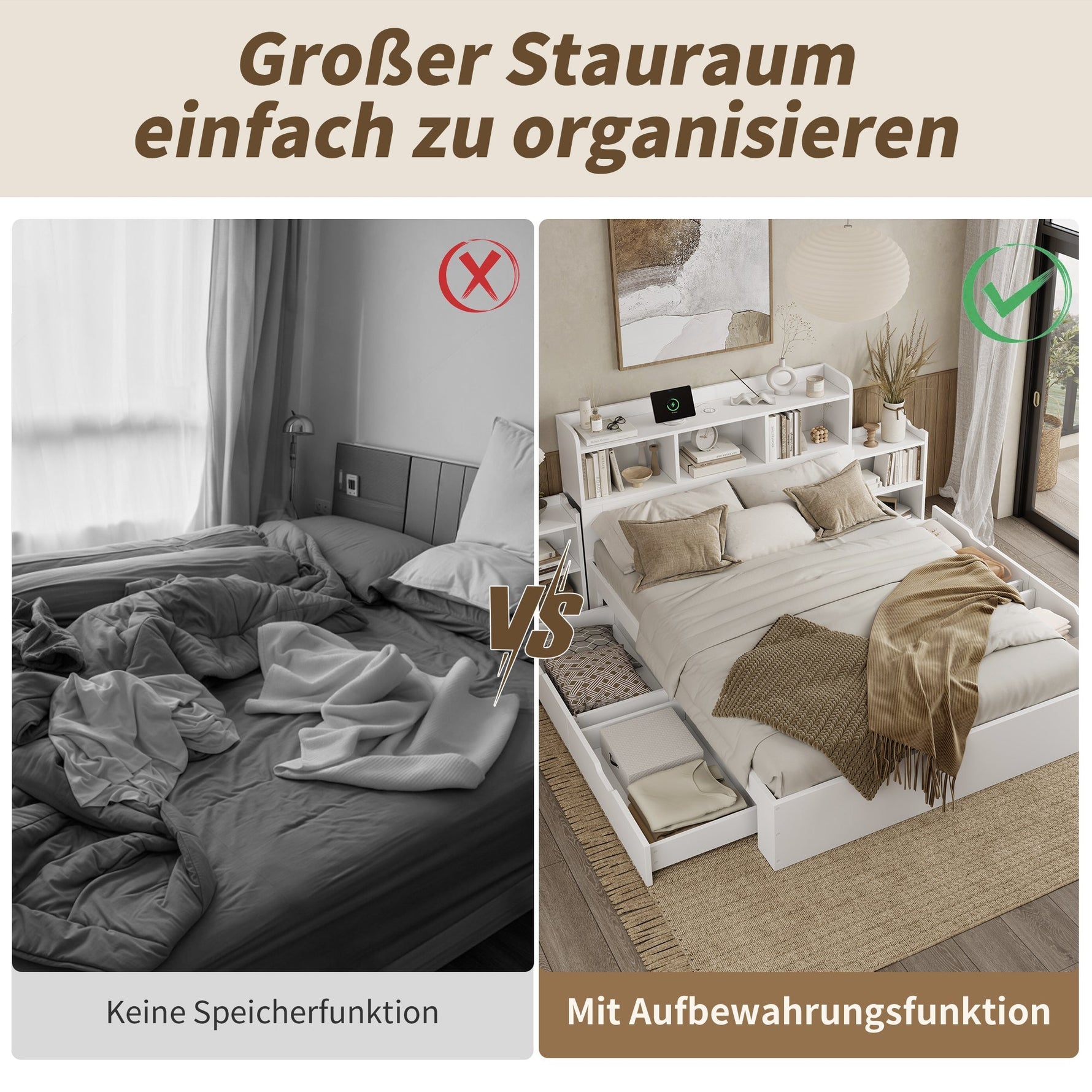Wooden Double Bed 140x200cm with Integrated Charging, Storage Drawers and Pull-out Bedside Tables, White Wood