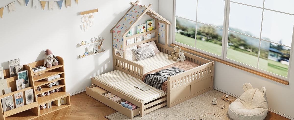 Wooden House Bed with Pull-out Bed, 3 Drawers and Safety Rails, 140x200cm, Cream