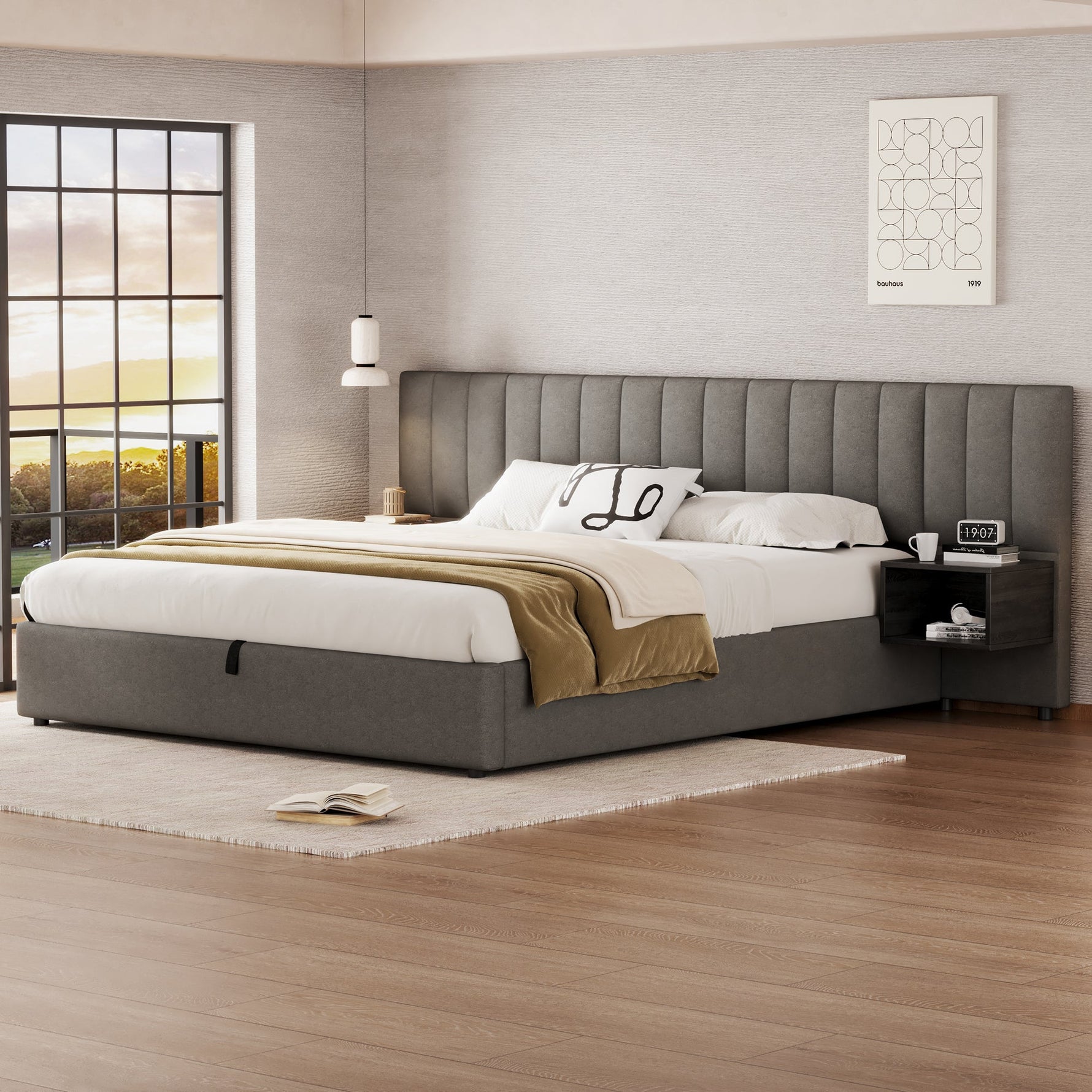 Upholstered Bed 180x200cm Hydraulic Storage 2 Bedside Tables - Linen Grey/Black