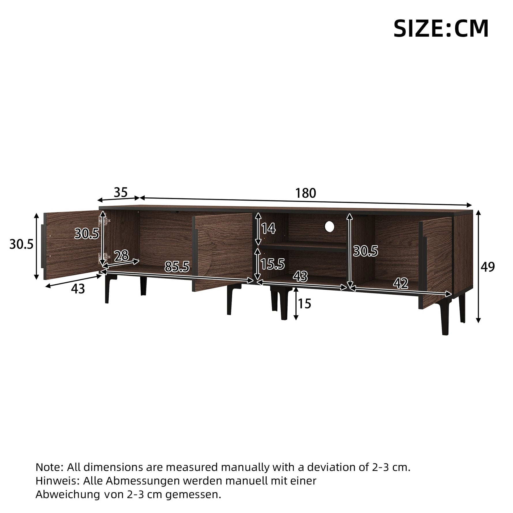 TV Cabinet Lowboard 180cm 2 Cabinets Open Shelves for 80 Inch TV - Dark Walnut