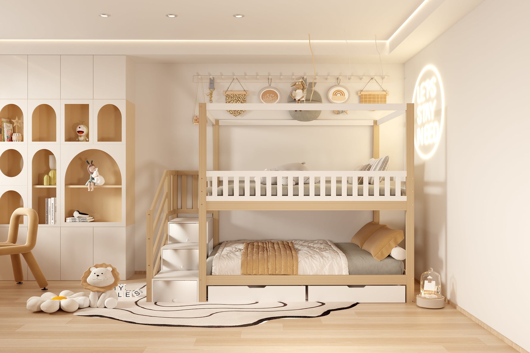 Bunk Bed, 90*200 cm House Shape, Safety Rail, Storage, and Ladder, Solid Wood White/Natural