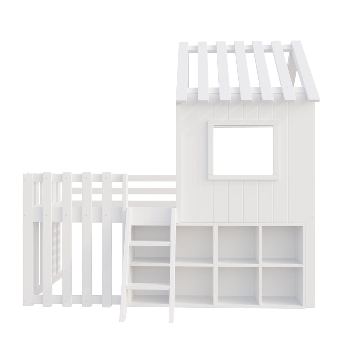 Children's House Bed 90x200, Roof & Window, Ladder, Solid Wood White