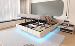 Upholstered Bed 180x200cm Hydraulic Storage LED Light, Linen Beige