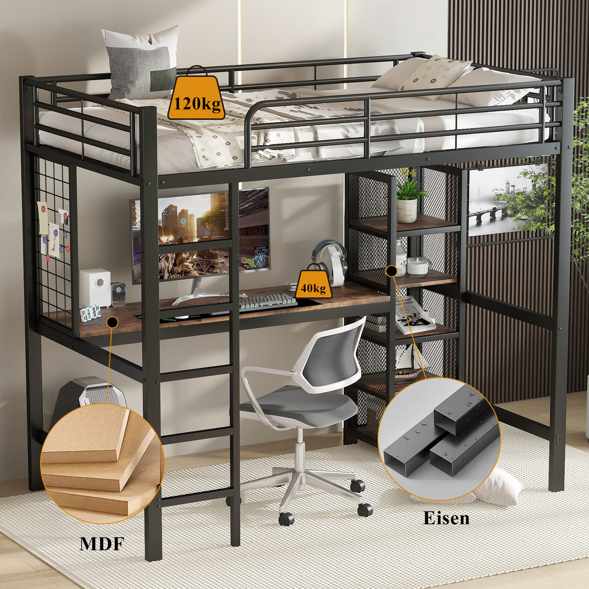 Loft Bed with Desk & Shelves 90x200cm - Black & Dark Wood
