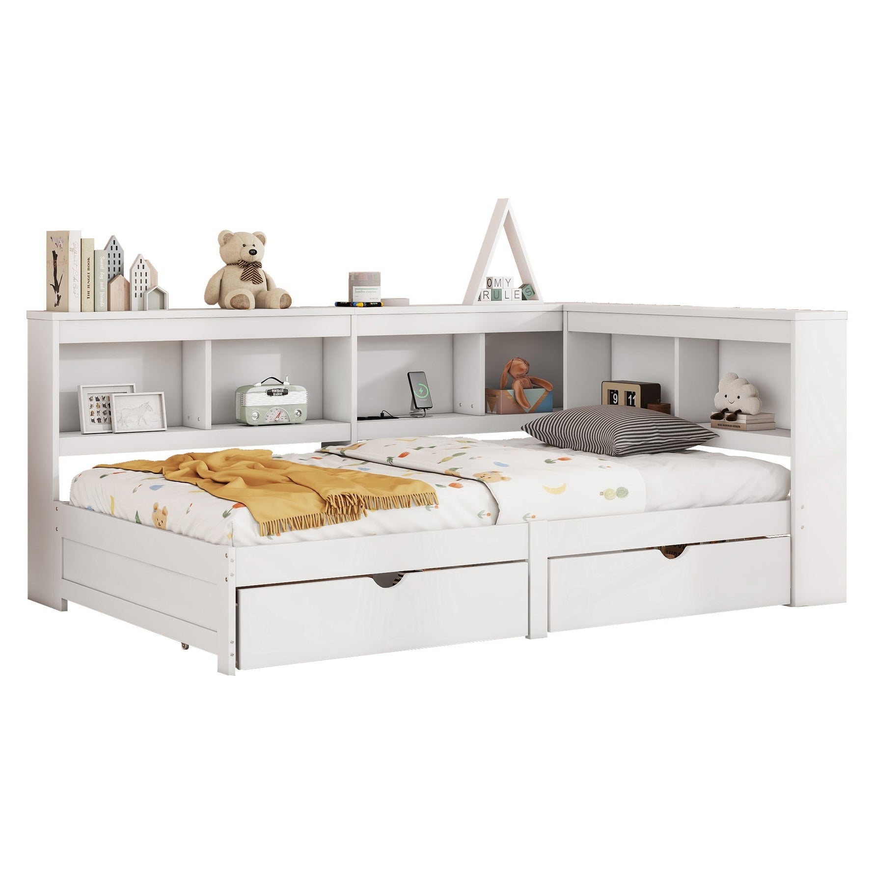 Daybed Sofa Bed 90x200cm 2 Drawers Power Outlet USB - White Chipboard