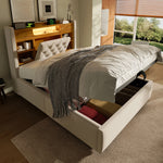 Upholstered Bed 90x200cm with Hydraulic Storage & LED, Beige Linen