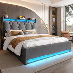 Upholstered Bed Frame 160x200cm LED/USB-C Hydraulic Storage Headboard, Grey