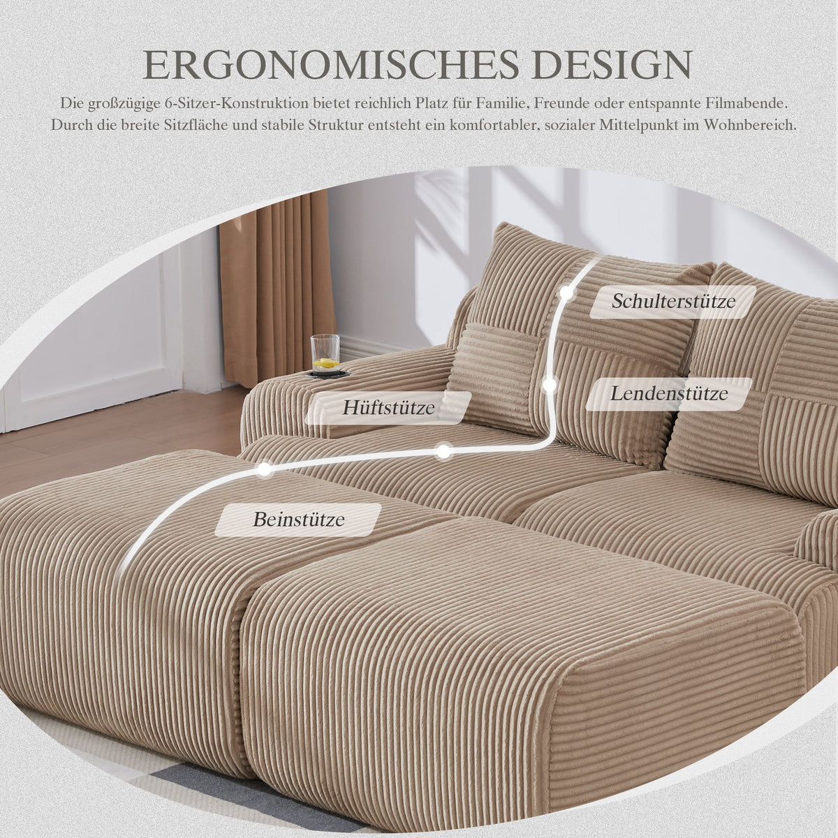 Modular Sofa 2-Person 2 Ottomans Cup Holder Storage Corduroy Khaki