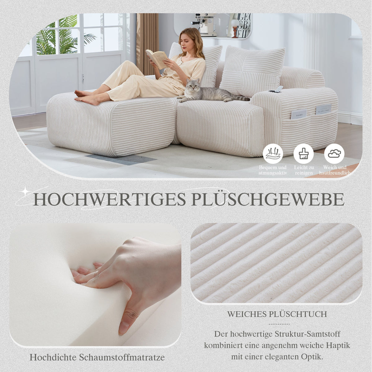 Modular Corduroy Sofa for 2 People with Ottomans, Cup Holder and Side Pocket, Beige