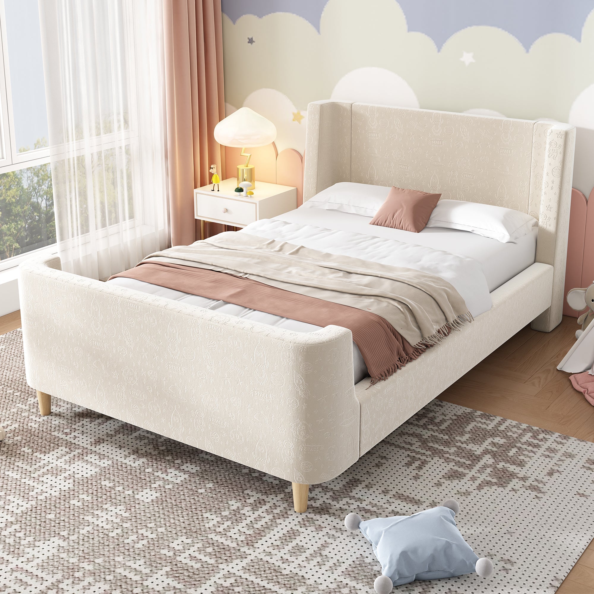 Upholstered Children's Bed, Single Sleigh with Cosmic Pattern, Beige Velvet