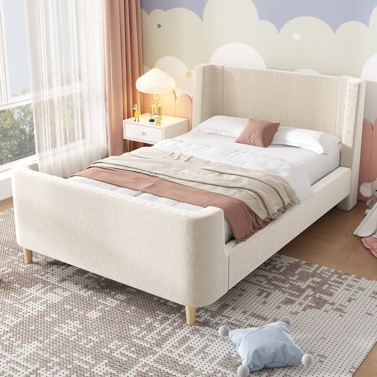 Upholstered Children's Bed, Single Sleigh with Cosmic Pattern, Beige Velvet