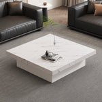 Modern white square coffee table, 90 x 90 x 25 cm with four drawers, sliding tabletop, 30 kg load capacity, marble look