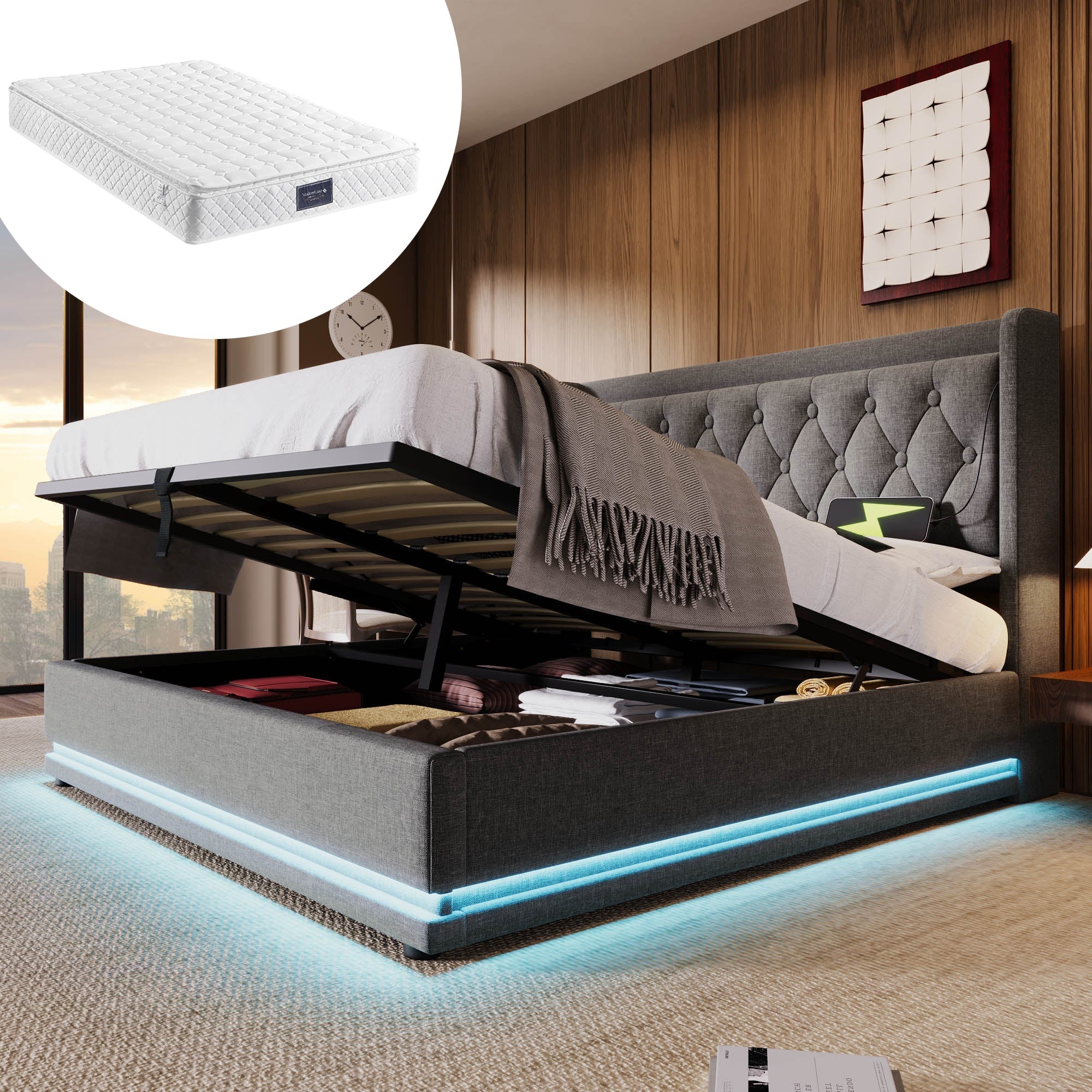 Upholstered Double Bed, 140*200 cm, Hydraulic Storage with USB & LED, Gray Cotton