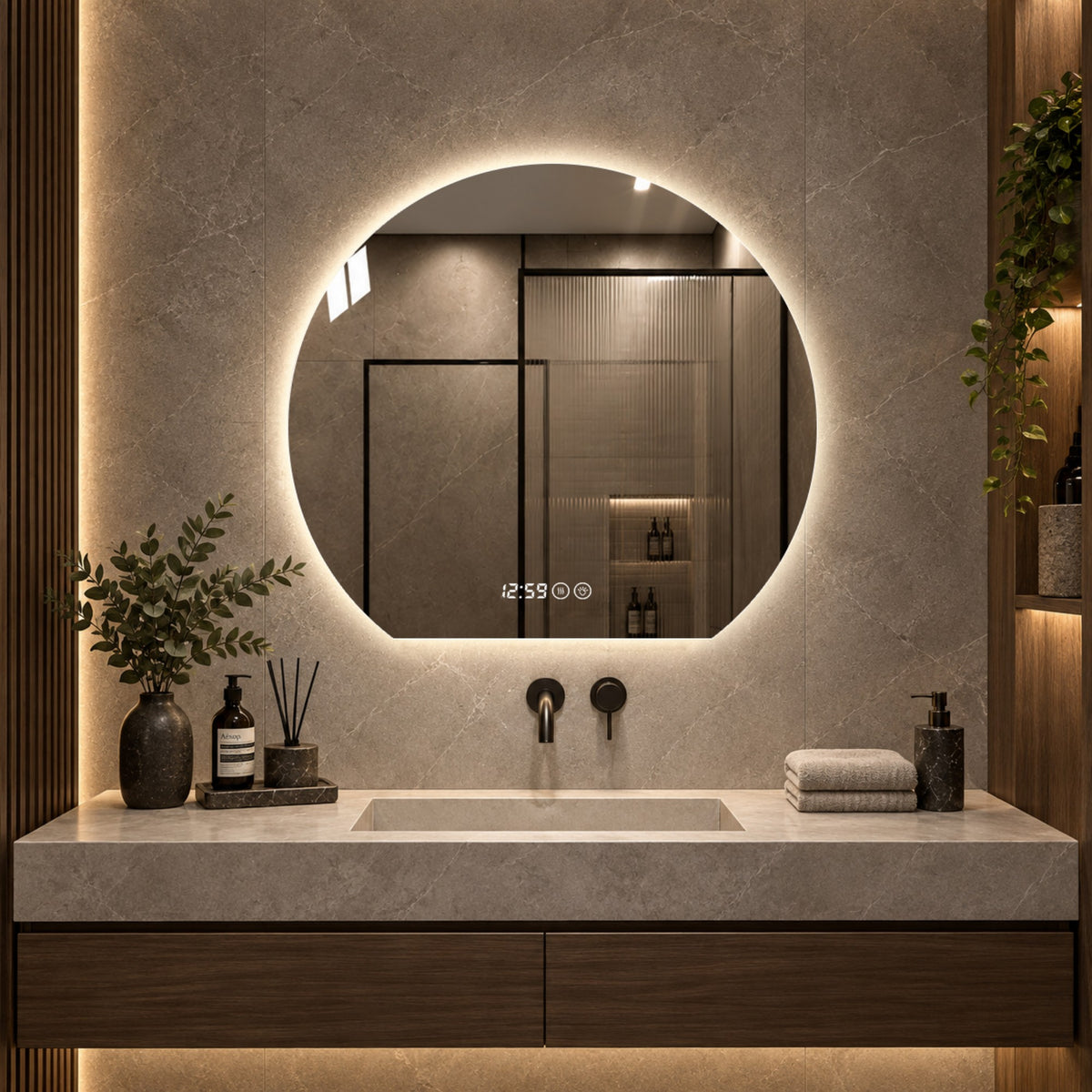 LED Bathroom Mirror 80 cm, Dimmable Anti-Fog Clock, Silver Glass