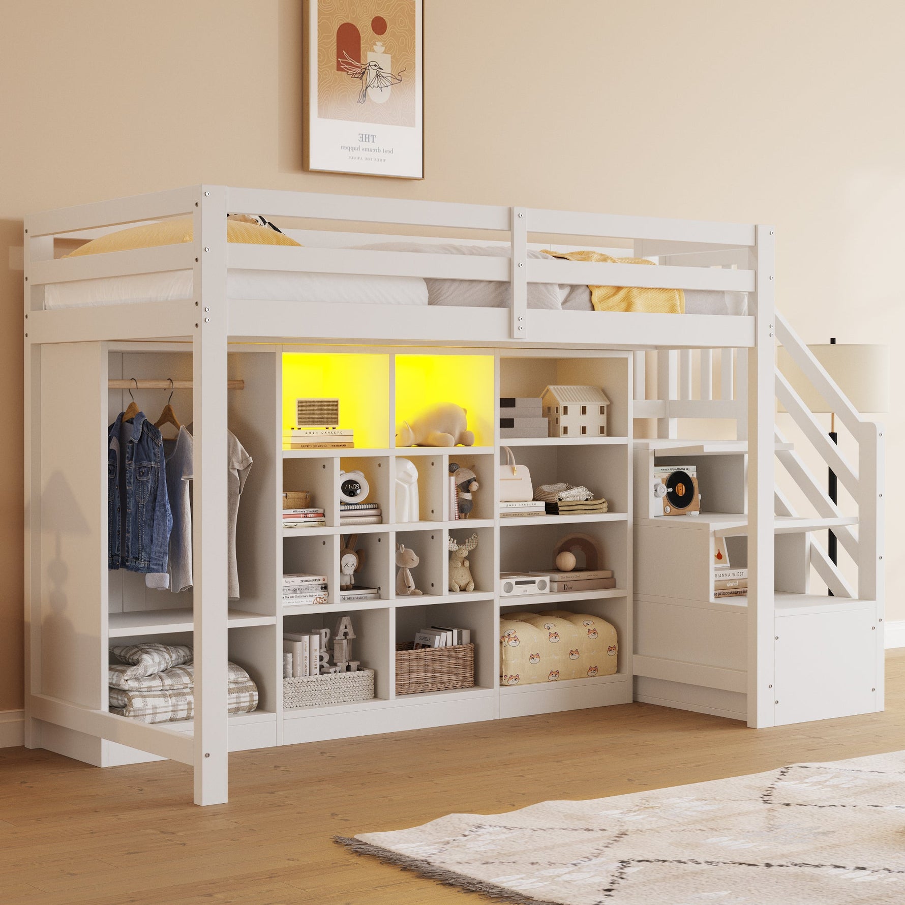 Loft Bed with Wardrobe, Storage Cabinets, LED and Storage Ladder, 90x200cm, White
