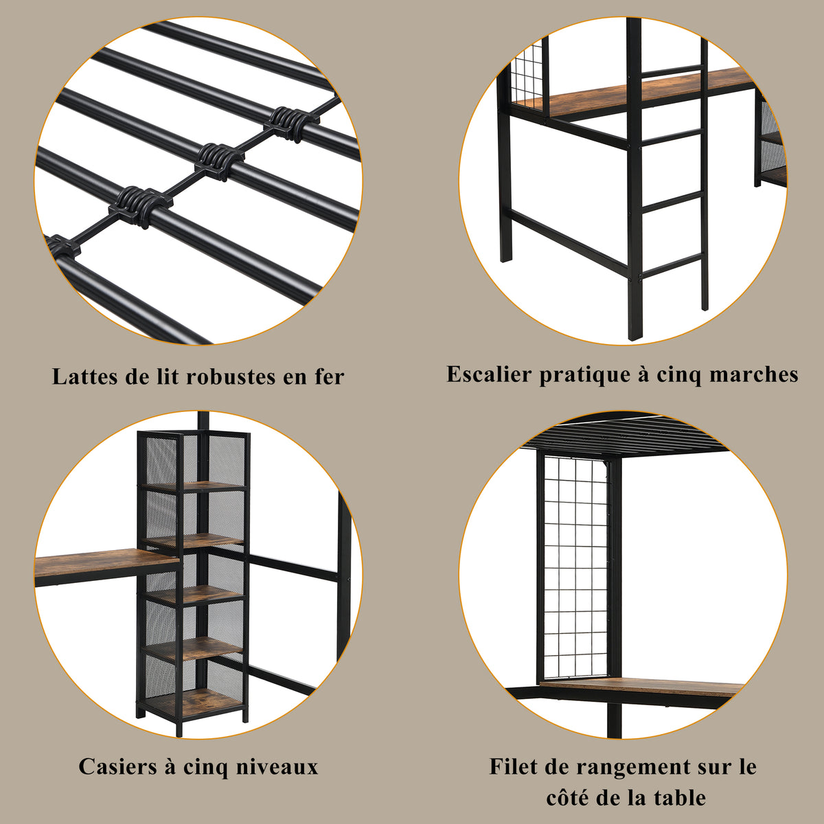 Loft Bed with Desk & Shelves 90x200cm - Black & Dark Wood