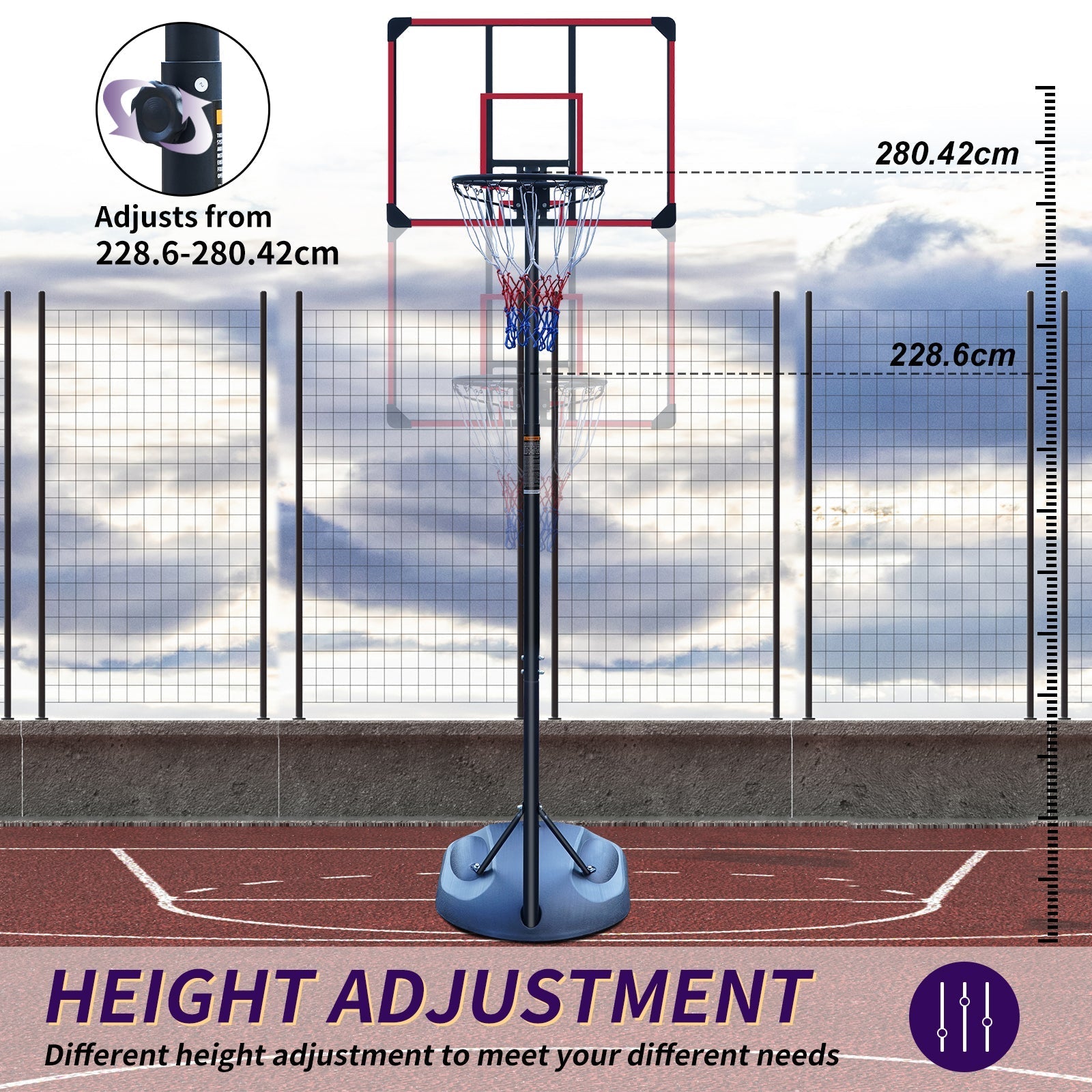 Outdoor Basketball Hoop with Height Adjustable Stand and Shock-Absorbing Basket, Red Silk-Screen Design