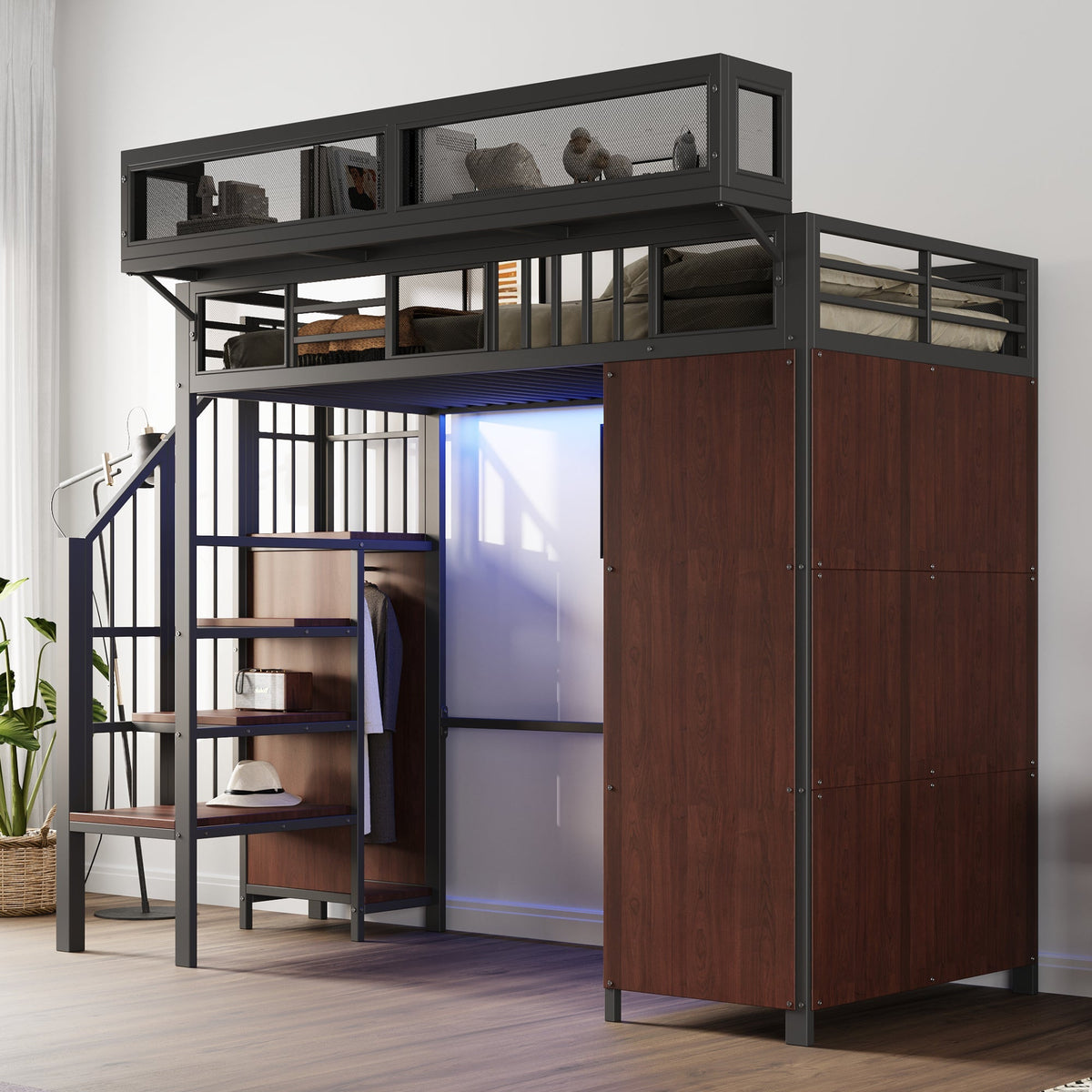 Metal Loft Bed 90 x 200 cm with Wardrobe, Safety Ladder and LED Lighting, Black