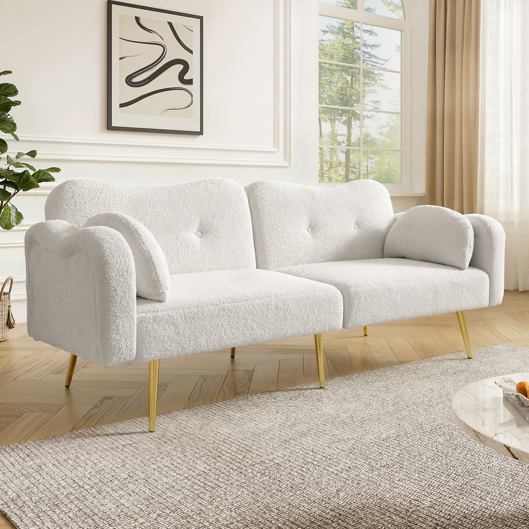 Two-Seater Sofa Bed Adjustable Backrest Gold Metal Feet