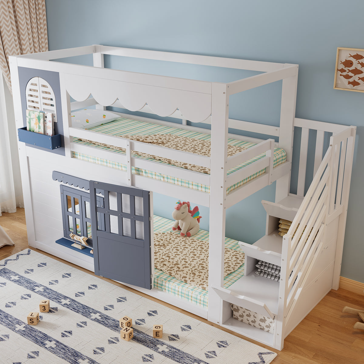 Children's Loft Bed 90x200cm with House Design & Storage, White