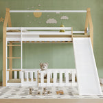 Bunk Bed with Slide & Ladder, Roof Shape, Pine + MDF + Plywood, White + Natural