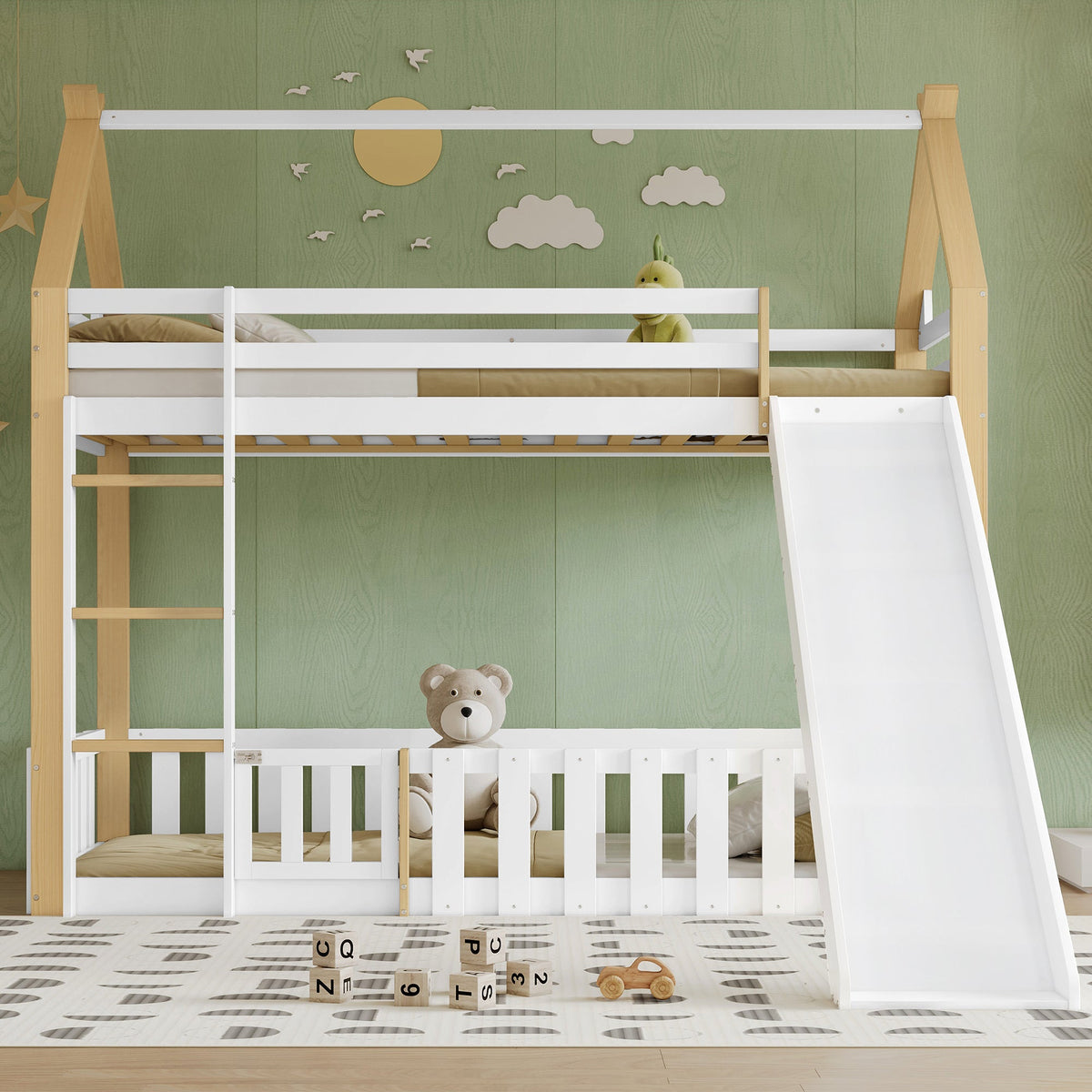 Bunk Bed with Slide & Ladder, Roof Shape, Pine + MDF + Plywood, White + Natural