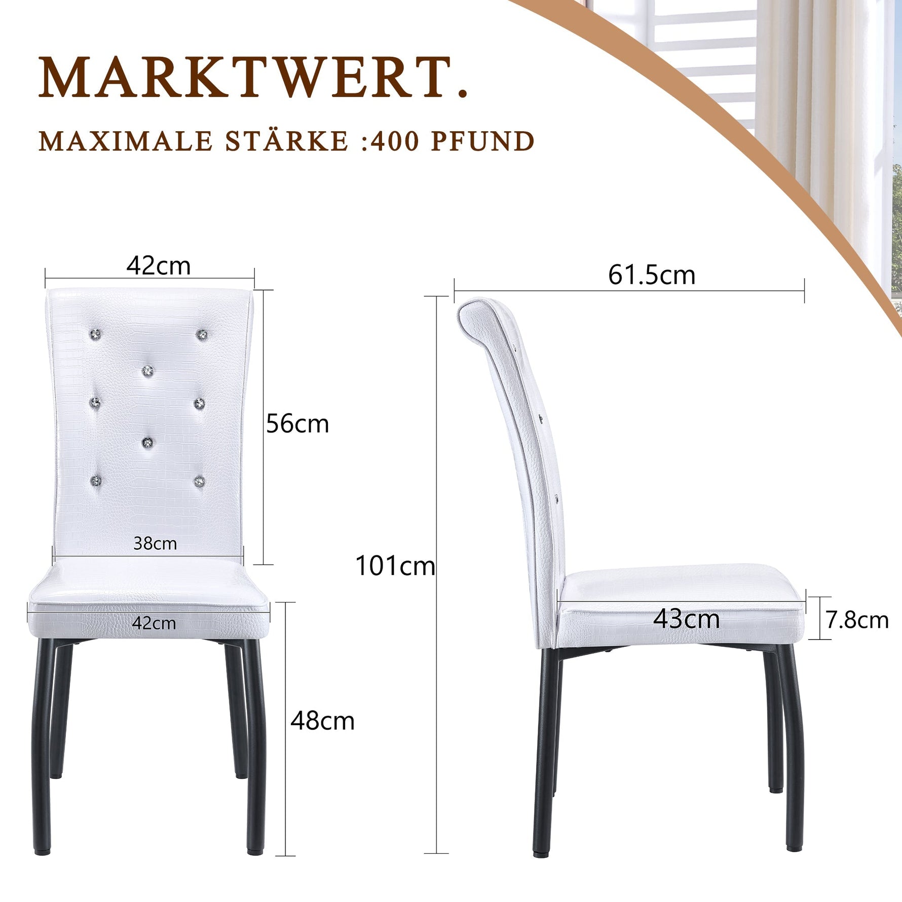 Set of 2 Dining Seats Soft Retro Crocodile Pattern Crystal Clasps White and Black Faux Leather