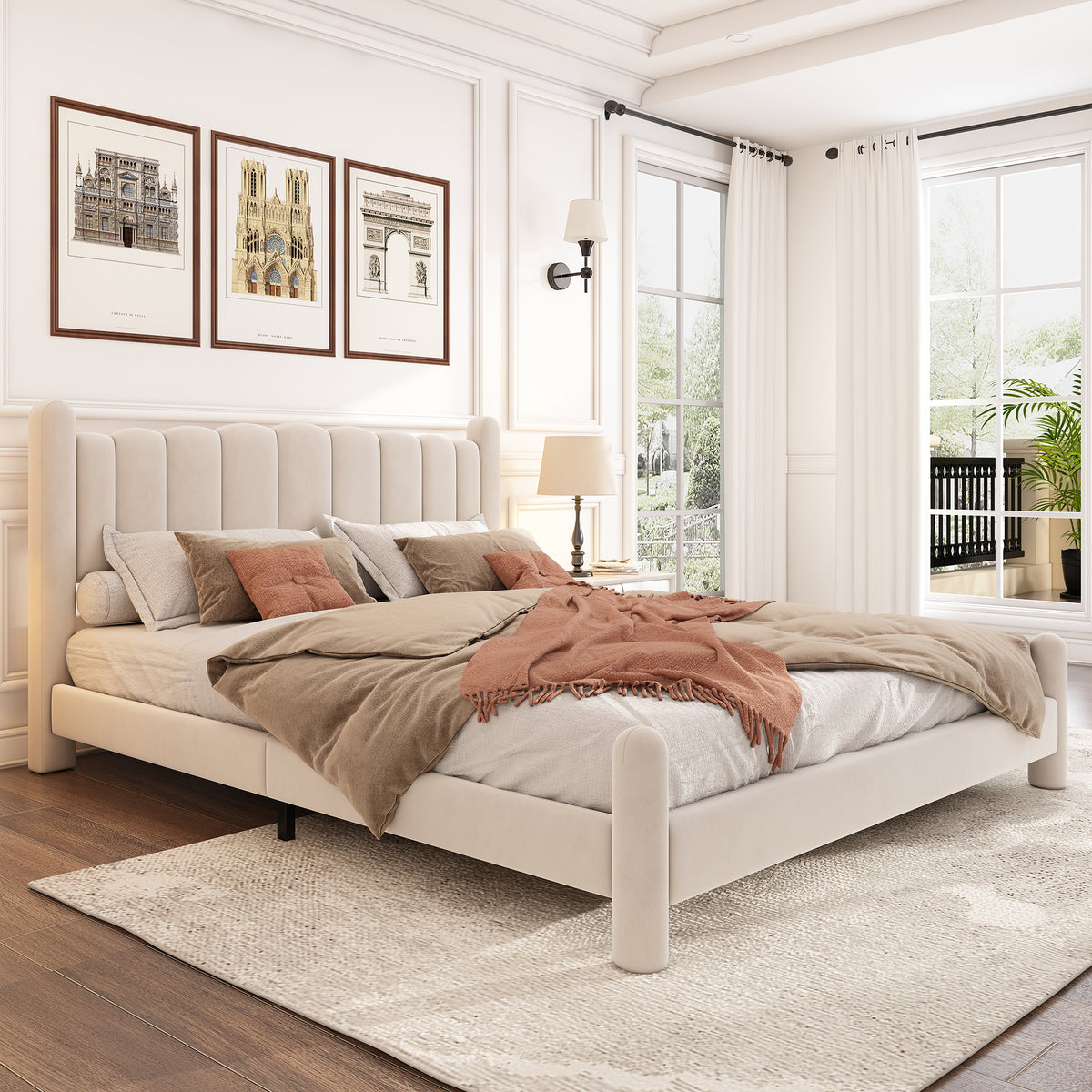 Upholstered Bed 180x200cm with Slatted Frame, Beige Velvet