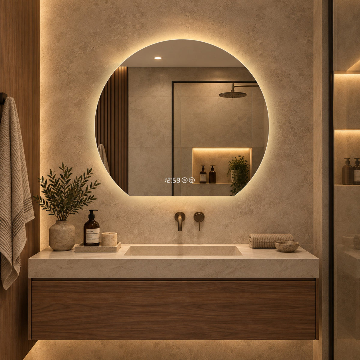 LED Bathroom Mirror 80 cm, Dimmable Anti-Fog Clock, Silver Glass